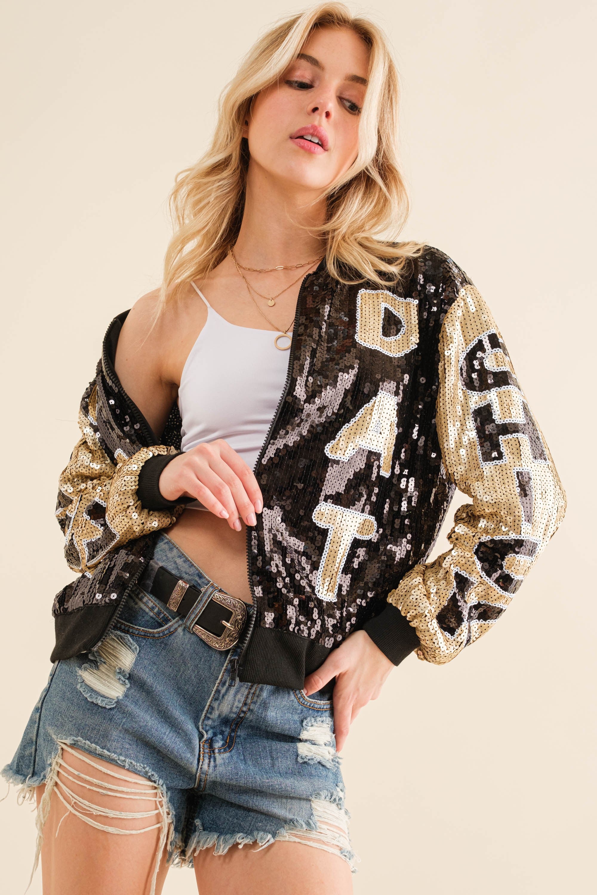 Catch all the attention in the sequin bomber jacket