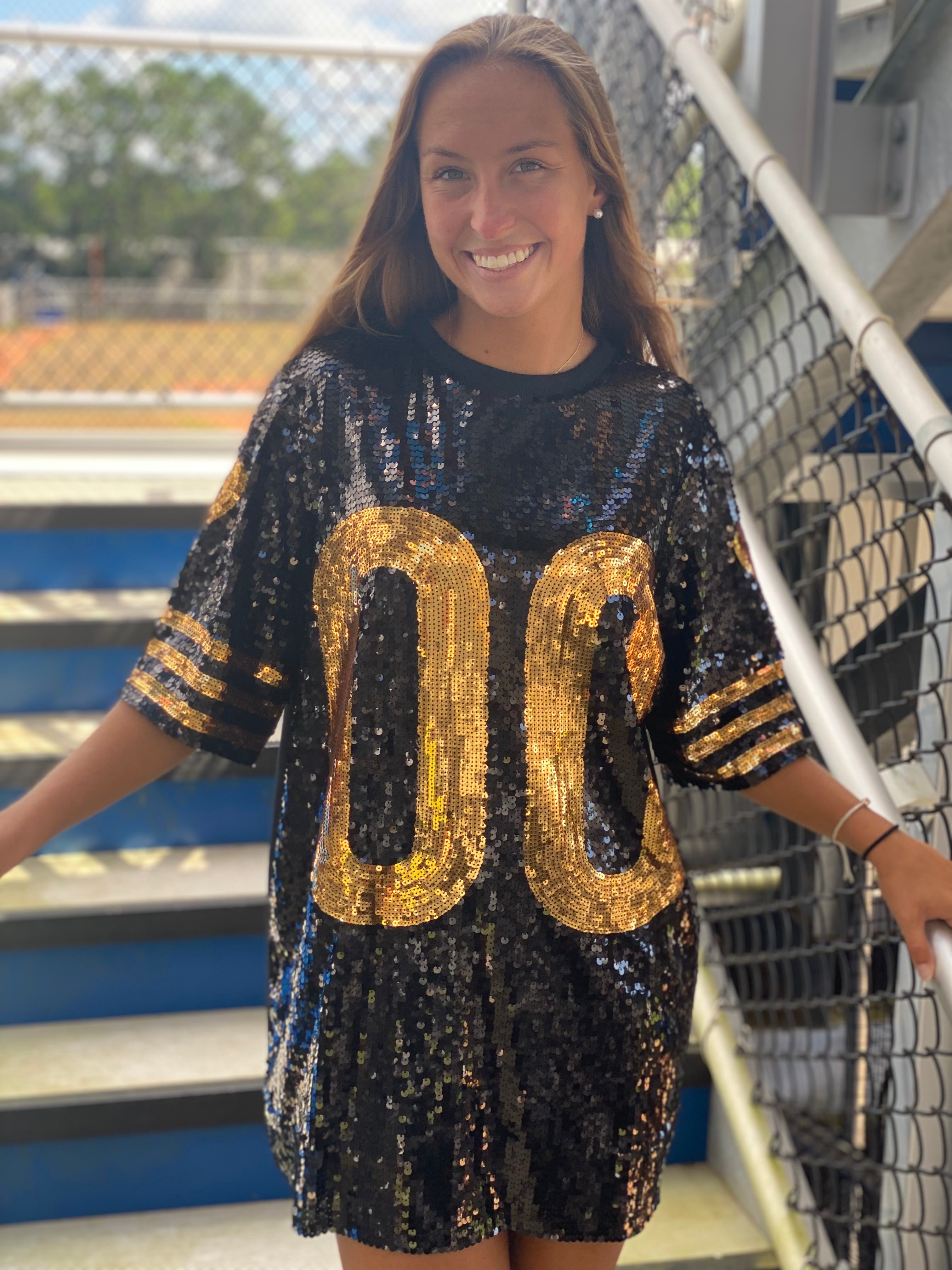 Gameday Sequin 00 Jersey Dress in Black and Gold