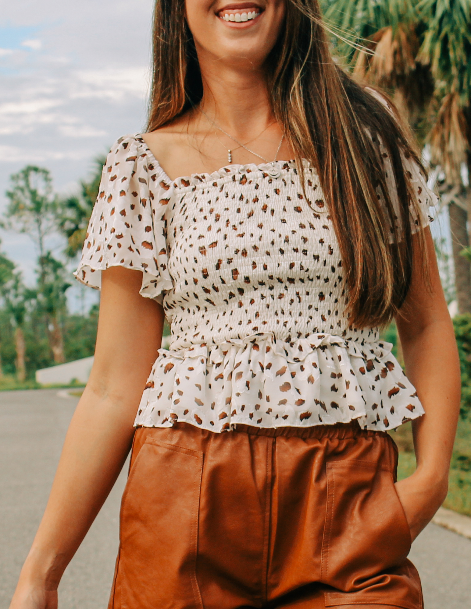 Smocked short top sleeve top